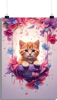 Produktbild von Kätzchen Poster - Schaukel Poster - Blumen Poster - Katzen Poster - Kunst Poster - Kinderzimmer Poster - 61x91cm - Perfekt zum Einrahmen