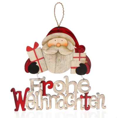 Zdjęcie produktu dla com-four® Wisząca dekoracja świąteczna - Drewniana zawieszka z Mikołajem - Drewniana tabliczka na drzwi HAPPY CHRISTMAS - Zawieszka na drzwi, ściany, okna