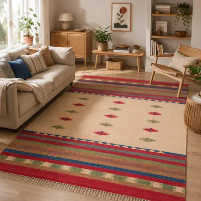 Produktbild von Baumwolle Natur Kelim Teppich Lina Rot Trend, Größe:60x90 cm, KI-generiertes Bild