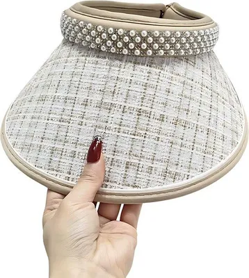 Produktbild von Beauty de L'ombre - Sonnenblende Damen – Damen Sonnenblende / Visier Damen für Strand, Sommer und Urlaub – Breite Krempe mit Perlen und Strass - Beige