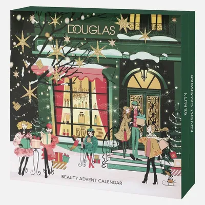 A Christmas-themed advent calendar box with illustrations of people shopping outside a store.