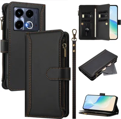 Obrázek produktu pro Pouzdro pro Infinix Note 40 5G, zipem, peněženkovéPolyuretankožené flip pouzdro s kapsami na karty, stojánkem a poutkem na ruku černý