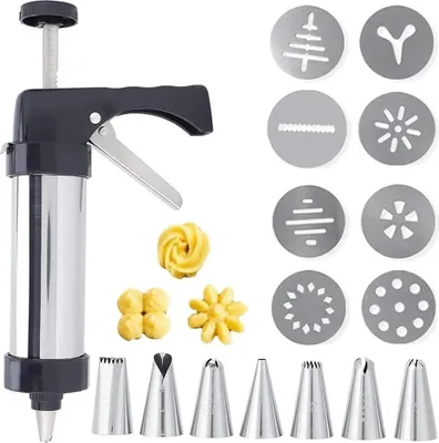 Produktbild von Plätzchenpresse Edelstahl Gebäckpresse Gebäckspritze Kekspresse Kekshersteller Kuchen Dekorations Werkzeuge DIY Backzubehör mit 8 Schablonen und 8 Tüllen für Variantenreiches Spritz-Gebäck
