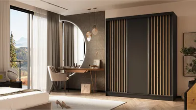 Zdjęcie produktu dla Szafa z lamelami LINEA 180 cm Czarna szafa przesuwna z lamelami dąb artisan na froncie Gładka trzydrzwiowa szafa z lamelami Szafa na ubrania z szufladami i lamelami