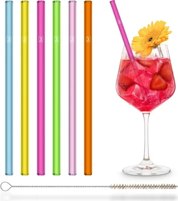 Image de HALM Pailles en verre colorées, lot de 6, 20 cm, 6 couleurs néon pour les fêtes et les enfants + brosse de nettoyage sans plastique - Lavables au lave-vaisselle - Durables - Pailles en verre pour cocktails, smoothies et jus de fruits