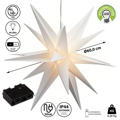 Immagine prodotto di Stella dell'Avvento luminosa bianca per interni ed esterni Ø 60 cm I Stella di Natale a batteria I 18 punti da appendere con la luce I Stelle di Natale bianche I Funzione timer