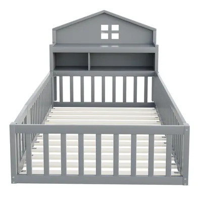 Produktbild von Flieks Kinderbett Hausbett 90x200cm mit Lattenrost, Bodenbett Spielbett mit Tür und Staufach, Einzelbett Holzbett mit Tafel, Grau
