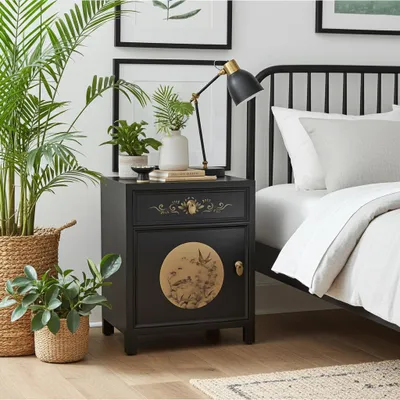 Produktbild von Nachtkästchen Nachttisch Nachtkommode Nachtschrank Nachtschränkchen Kommode Schrank Möbel asiatisch orientalisch chinesisch fernöstlich schwarz-beige Vintage Shabby-chic antik Landhaus-Stil