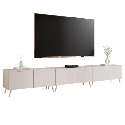Produktbild von Idohome TV-Lowboard Angel 300 cm Kaschmir–TV-Schrank, LED-Beleuchtung, Medienmöbel, Fernsehschrank auf goldfarbenen Metallbeinen, Griffe in Gold