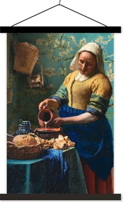 Produktbild von MuchoWow® Textilposter Milchmädchen - Mandelblüte - Van Gogh - Vermeer - Gemälde - Alte Meister 120x180 cm mit schwarzem Rahmen - Fotos