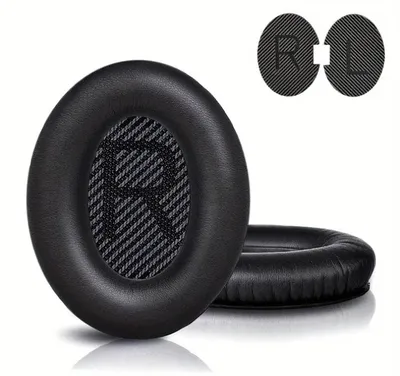A pair of black headphone ear pads and two small circular labels with R and L markings.