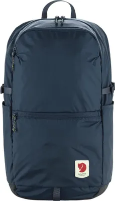 A front view of a navy blue backpack against a white background.