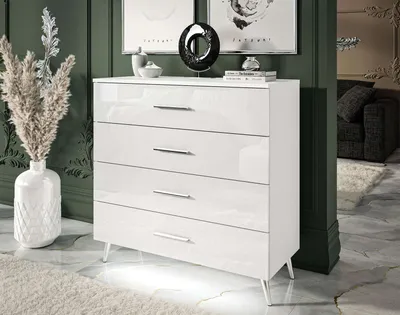 Produktbild von Kommode AURA 4S Weiß/Weiß Hochglanz mit verchromten Beinen