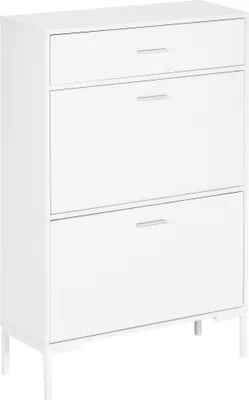 Image de HOMCOM Meuble à chaussures 12 paires, armoire à chaussures étroite avec 2 tiroirs rabattables, 1 tiroir et étagères réglables, style moderne, pour couloir, entrée, 75 x 26 x 110 cm, blanc
