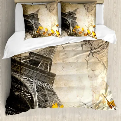 Produktbild von ABAKUHAUS Eiffelturm Bettbezug Set, Falling Leaves in Romantische Liebe Herbst-Jahreszeit-Druck-Kunst, 200 x 200 cm + 80 x 80 cm, Beige Koksgraue