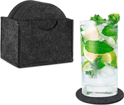 Zdjęcie produktu dla Zestaw 12 okrągłych podkładek filcowych o średnicy 10 cm w kolorze ciemnoszarym w pudełku do przechowywania