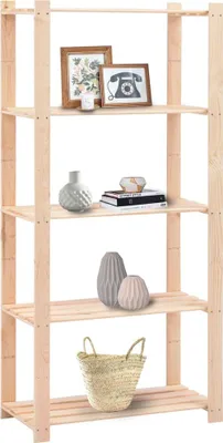 A wooden shelving unit with decorative items on each shelf.