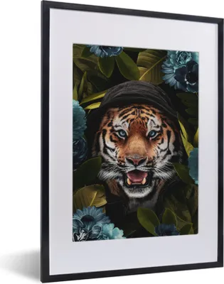 Produktbild von MuchoWow® MuchoWow® Gerahmtes Poster Tiger - Blumen - Pflanzen 30x40 cm - Poster mit zchwarzem Bilderrahmen - Wandposter Schlafzimmer