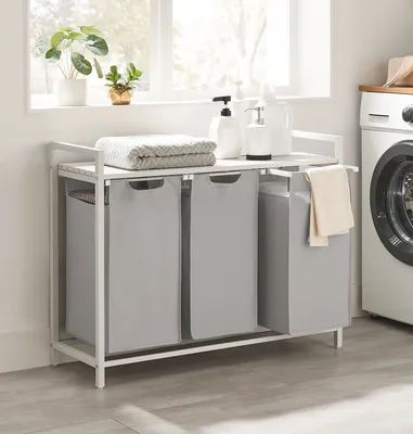 Produktbild von VASAGLE Wäschekorb 3 Fächer, mit Ablage, ausziehbar abnehmbar, 3 x 38 L, Taubengrau