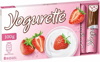 Obrázek produktu pro Ferrero Yogurette, Mléčná čokoláda, 100 g, Strawberry, 299 kJ, 72 kcal, 35,6 g