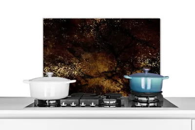 Obrázek produktu pro KitchenYeah® Odstřikovač do kuchyně - Odstřikovač do kuchyně - Ochrana stěny sporáku a dřezu - Zlatá - Barva - Abstraktní - Černá 70x50 - Alu-Dibond (alternativa ke skleněnému odstřikovači) - Tepelně odolný - Sporák