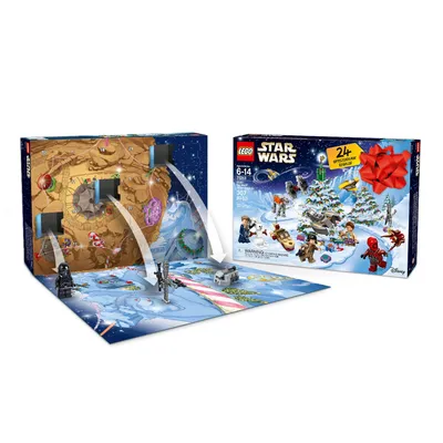 A LEGO Star Wars Advent Calendar is shown, with the front packaging and the opened calendar display.