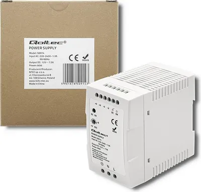 Produktbild von Qoltec DIN-Schienen-Netzteil | 90 W | 12 V | 7,5 A | Weiß | Schlank