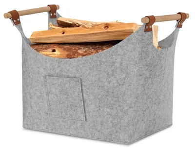 Image de Panier à bois de chauffage ISOISL, en feutre, dimensions 45 x 40 x 32 cm, épaisseur 5 mm, pliable, avec poignées en bois et poches latérales, couleur gris clair