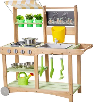 Produktbild von VEVOR Spielküche, Kinderküche, Spielzeugküche mit Löffeln, Spüle, Sonnenschutz, Schwenkrädern, Kochgeschirr & Zubehör, Holzküche, Ideal für Kinder ab 3 Jahren, 880x326x900 mm