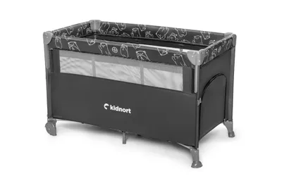 A black travel crib with a white patterned trim and a white logo on the side.