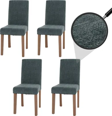 Four dining chairs are arranged in a studio setting with a magnified view of the fabric texture.