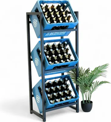 A three-tier metal rack holding blue plastic crates filled with brown glass bottles, with a potted plant to the right.