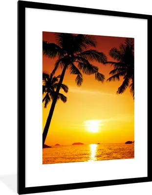 Produktbild von MuchoWow® Gerahmtes Poster Palme - Sonnenuntergang - Strand - Orange - Tropisch 60x80 cm - Poster mit Schwarzem Bilderrahmen Wandposter Rahmen Foto Bilder - Wohnzimmer - Dekorationen - Prämie