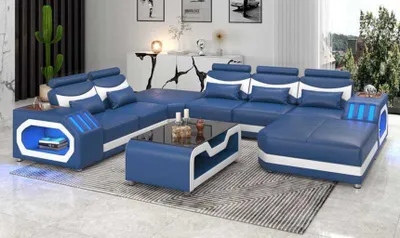 Image de Paysage De Salon Grand Canapé XXL En U D’Angle En Cuir Bleu