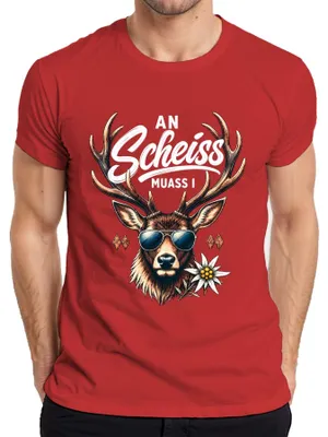 Immagine prodotto di An Scheiss, occhiali da sole Hirsch, pantaloni in pelle Edelweiss, abito tradizionale Dirndl, maglietta da uomo, rossa, taglia 3XL