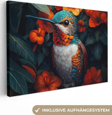 Produktbild von Leinwandbilder 120x80 cm - Tiere, Blumen - Kolibri, Bilder Wohnzimmer Modern, Wanddeko