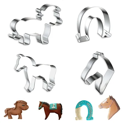 Produktbild von Pferde-Ausstechformen-Set – 4-teilig, Edelstahl – mit Pferdeform (2 Größen), Hufeisen- und Pferdekopfform – für Kekse, Fondant und Kuchen – silberfarben