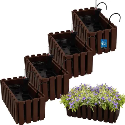 Produktbild von KOTARBAU® 4er Set Blumenkasten Balkon Blumentopf Selbstbewässernd 38x18x16cm Braun Kunststoff Blumentopf Balkongeländer Bewässerungssystem Blumenkastenhalterung Pflanzkübel Groß Außen