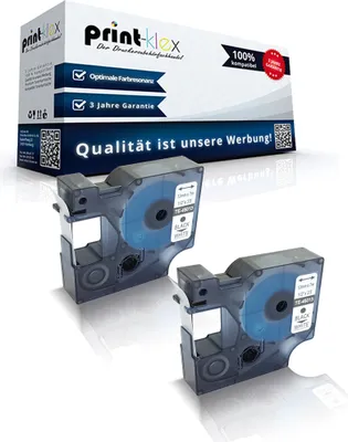 Two label maker cartridges are shown in front of a product box.