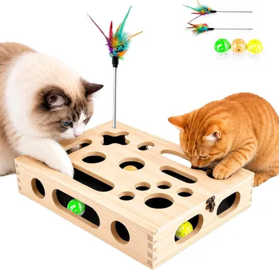 Productafbeelding van Krabbox voor katten - 3-in-1 interactief kattenspeelgoed met nagelvijl - voerpuzzel van hout met schuifdeksel