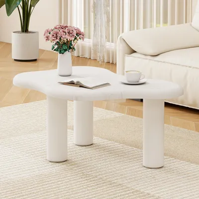 Produktbild von MODFU Wohnzimmertisch mit Wolkenförmiges Design,Couchtisch Weiß mit Massivholzbeine,Sofatisch mit Abgerundete Kanten,für Wohnzimmer