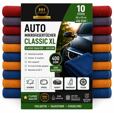 Produktbild von Auto 10er Set Microfasertücher Universell, 400 GSM, 40 x 40 cm, KI-generiertes Bild