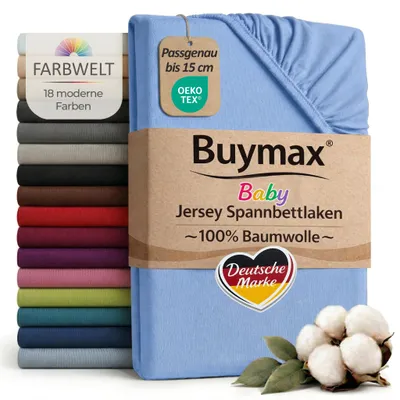 Produktbild von Buymax Baby Spannbettlaken 70x140 cm Hellblau, Jersey 100% Baumwolle, Kinderbett Bettlaken, bis 15 cm Matratzenhöhe