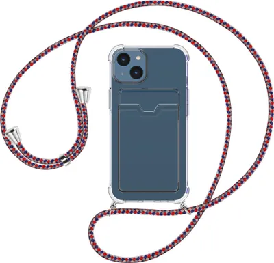 Produktbild von Handykette Backcover-Schutzhülle mit Band (Metall silberfarben) für Apple iPhone 15 - silber/blau/rot