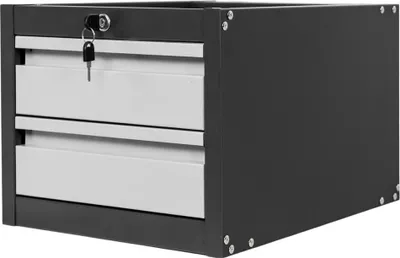 Zdjęcie produktu dla Metalowa szafka narzędziowa Mega-M do stołów warsztatowych z dwoma szufladami z pełnym wysuwem, 37x48,6x34cm, system 01, grafit/front szary