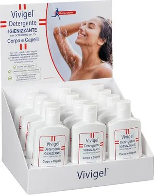 Zdjęcie produktu dla Vivigel, ekspozytor zawierający 12 sztuk płynu dezynfekującego do pielęgnacji ciała i włosów, po 200 ml każdy.