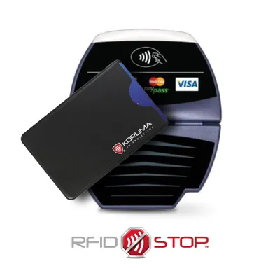 A black RFID blocking card holder is shown in front of a payment terminal.