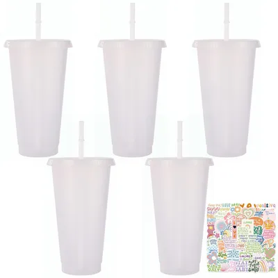 5er-Set 700 ml Plastikbecher mit Deckeln & Strohhalmen