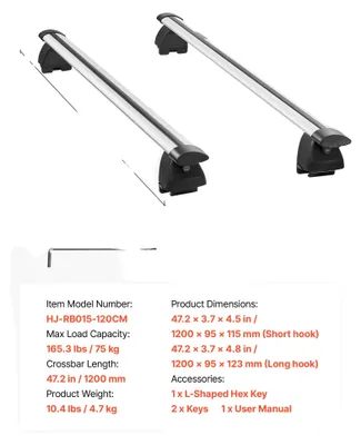 Obrázok produktu pre Strešný nosič, priečny nosník, univerzálna kompatibilita, bezpečnostný zámok, 165 lbs, dĺžka 120 cm