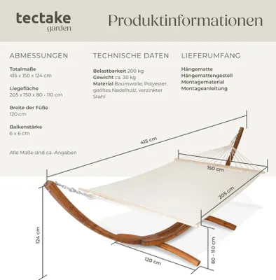 Produktbild von Tectake Hängematte Thorsten, weiß, für 2 Personen, 200 kg Belastbarkeit, wetterfest, höhenverstellbar, Indoor & Outdoor, aus Baumwolle, Polyester, Lärchenholz, Nadelholz, Stahl, geschwungene Form, Liegefläche 205x150 cm, Gesamtmaße 415x150x124 cm, 30 kg